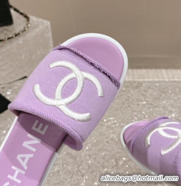 Good Looking Chanel Knit Fabric Flat Slide Sandals with CC Purple 0322140