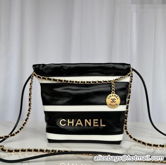 Top Quality Chanel Shiny Calfskin 22 Mini Shopping Bag AS3980 with Stripes Black 2024