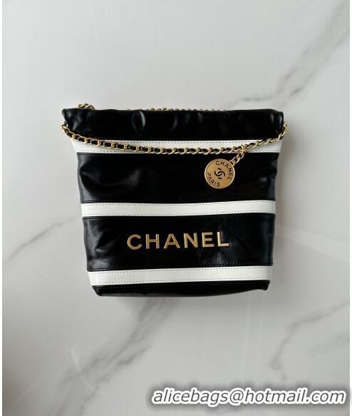 Top Quality Chanel Shiny Calfskin 22 Mini Shopping Bag AS3980 with Stripes Black 2024