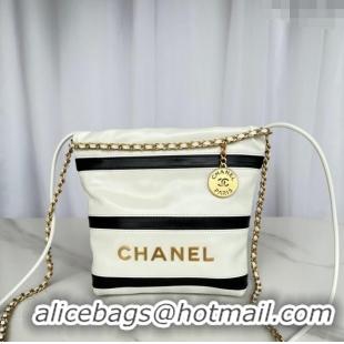 Top Quality Chanel Shiny Calfskin 22 Mini Shopping Bag AS3980 with Stripes White 2024