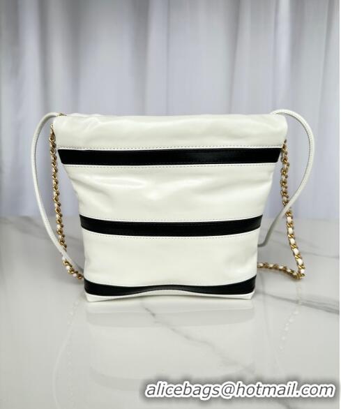 Top Quality Chanel Shiny Calfskin 22 Mini Shopping Bag AS3980 with Stripes White 2024