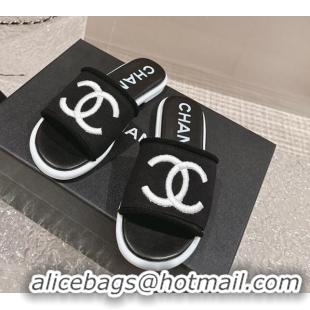 Good Quality Chanel Knit Fabric Flat Slide Sandals with CC Black/White 322142