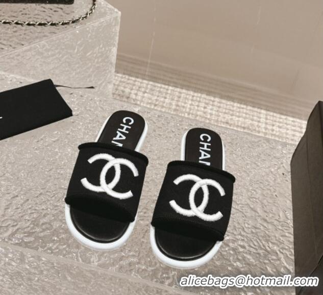 Good Quality Chanel Knit Fabric Flat Slide Sandals with CC Black/White 322142