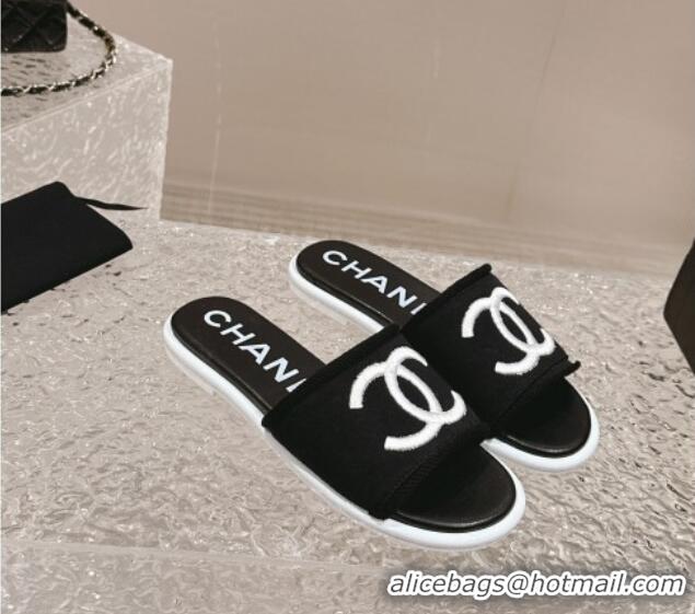 Good Quality Chanel Knit Fabric Flat Slide Sandals with CC Black/White 322142