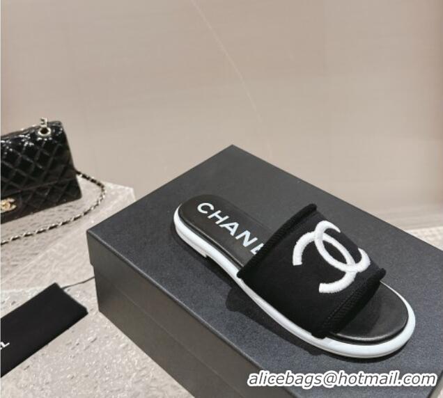 Good Quality Chanel Knit Fabric Flat Slide Sandals with CC Black/White 322142