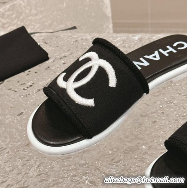 Good Quality Chanel Knit Fabric Flat Slide Sandals with CC Black/White 322142