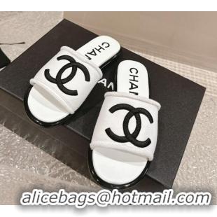 Sophisticated Chanel Knit Fabric Flat Slide Sandals with CC White/Black2 322143