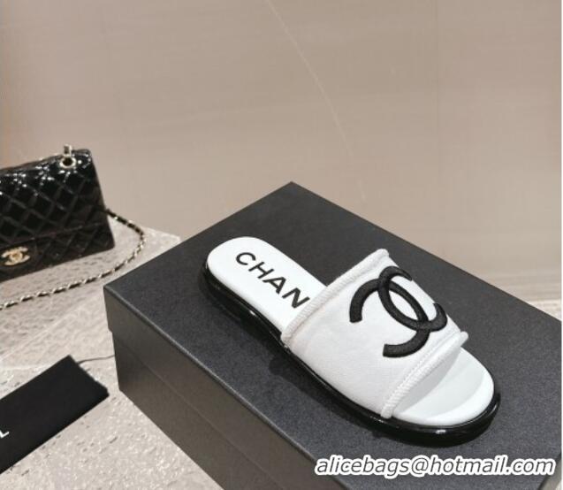 Sophisticated Chanel Knit Fabric Flat Slide Sandals with CC White/Black2 322143