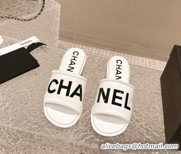 Popular Style Chanel Knit Fabric Heel Slide Sandals with Logo White/Black 0322144