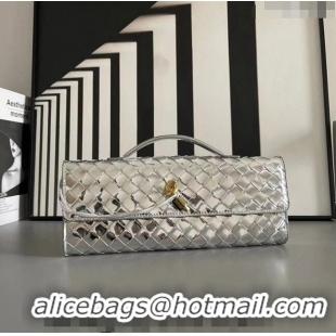 Famous Brand Bottega Veneta Long Clutch Bag Andiamo With Handle in Intrecciato Leather 741511 Silver 2023