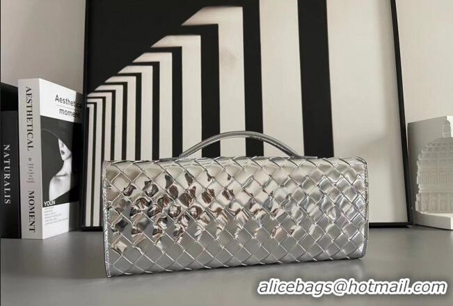 Famous Brand Bottega Veneta Long Clutch Bag Andiamo With Handle in Intrecciato Leather 741511 Silver 2023