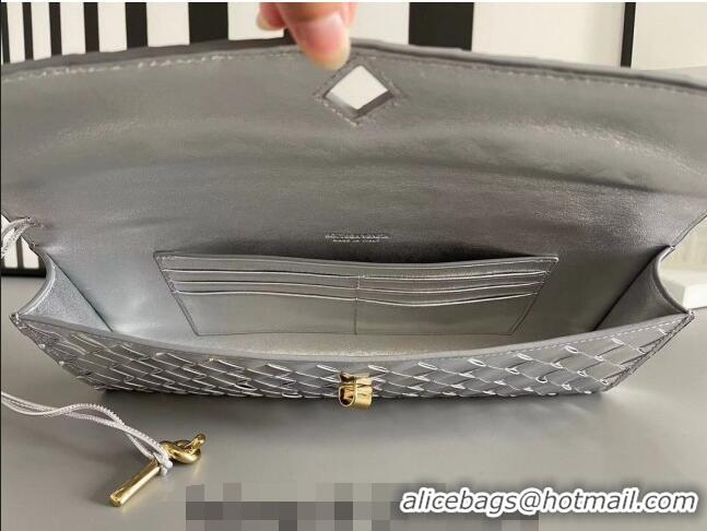 Famous Brand Bottega Veneta Long Clutch Bag Andiamo With Handle in Intrecciato Leather 741511 Silver 2023