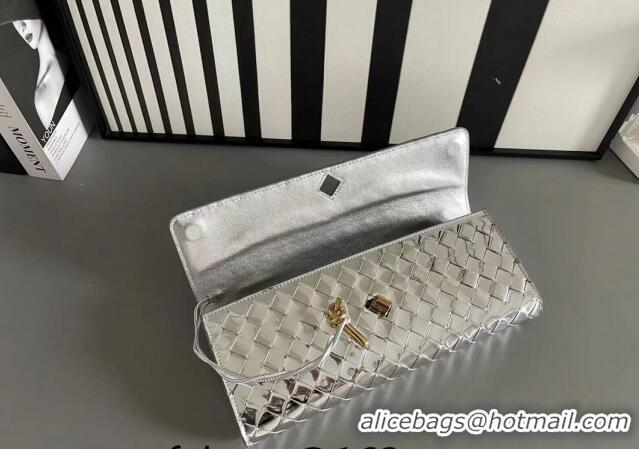 Famous Brand Bottega Veneta Long Clutch Bag Andiamo With Handle in Intrecciato Leather 741511 Silver 2023