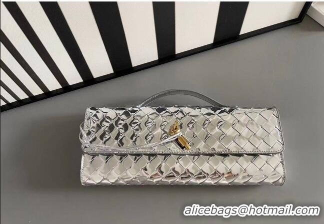 Famous Brand Bottega Veneta Long Clutch Bag Andiamo With Handle in Intrecciato Leather 741511 Silver 2023