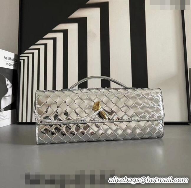 Famous Brand Bottega Veneta Long Clutch Bag Andiamo With Handle in Intrecciato Leather 741511 Silver 2023