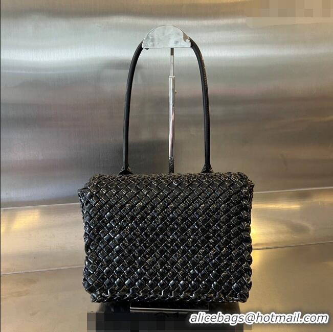 Good Looking Bottega Veneta Patti Top Handle Bag in Intreccio Patent Leather 709420 Black 2024