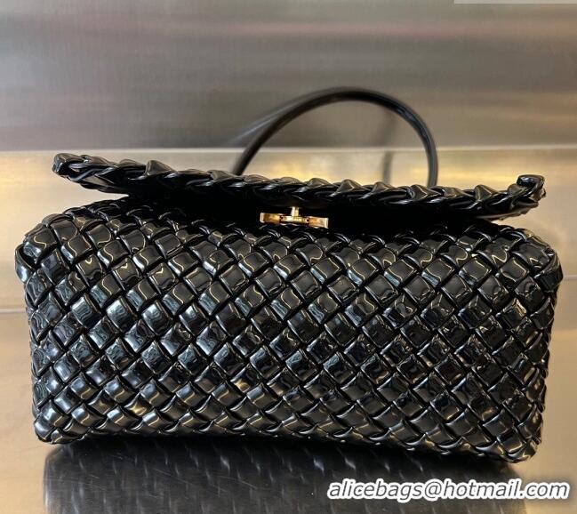 Good Looking Bottega Veneta Patti Top Handle Bag in Intreccio Patent Leather 709420 Black 2024