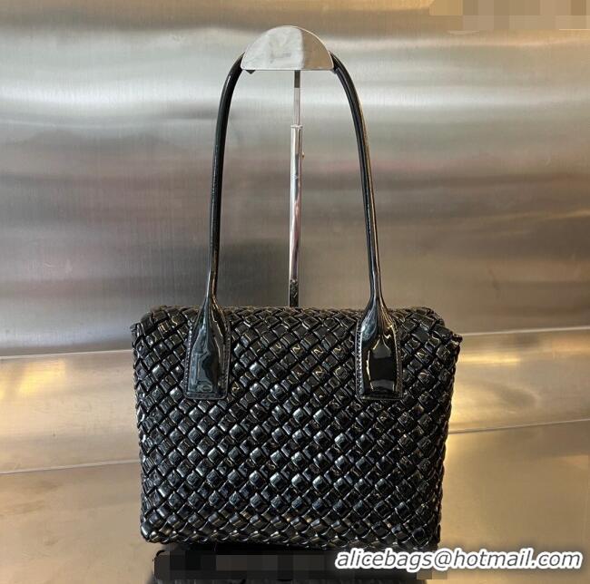 Good Looking Bottega Veneta Patti Top Handle Bag in Intreccio Patent Leather 709420 Black 2024