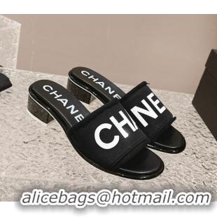 Good Quality Chanel Knit Fabric Heel Slide Sandals with Logo Black/White 322145