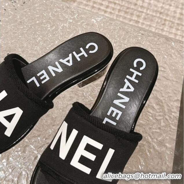 Good Quality Chanel Knit Fabric Heel Slide Sandals with Logo Black/White 322145