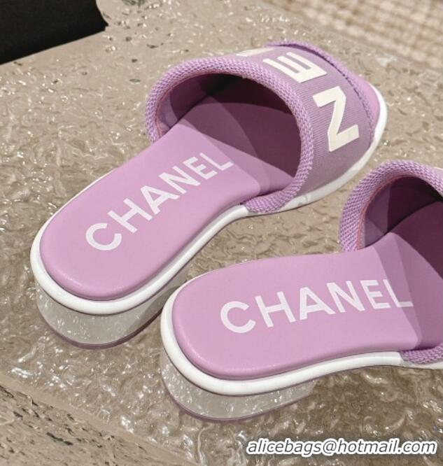 Unique Style Chanel Knit Fabric Heel Slide Sandals with Logo Purple 322146