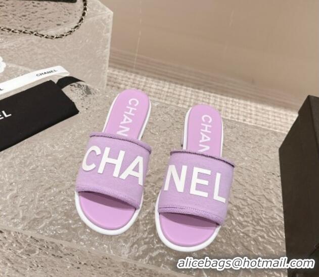 Unique Style Chanel Knit Fabric Heel Slide Sandals with Logo Purple 322146