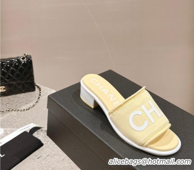 Purchase Chanel Knit Fabric Heel Slide Sandals with Logo Yellow 322147