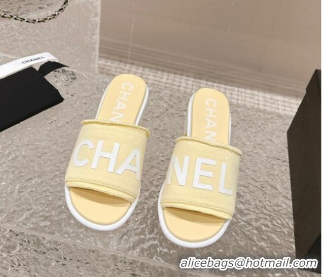 Purchase Chanel Knit Fabric Heel Slide Sandals with Logo Yellow 322147