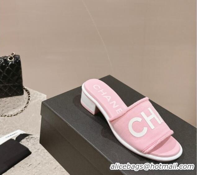 Good Looking Chanel Knit Fabric Heel Slide Sandals with Logo Pink 0322148