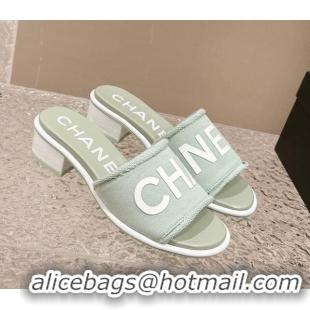 Best Grade Chanel Knit Fabric Heel Slide Sandals with Logo Green 0322149