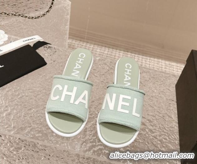 Best Grade Chanel Knit Fabric Heel Slide Sandals with Logo Green 0322149