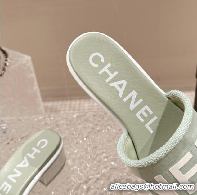 Best Grade Chanel Knit Fabric Heel Slide Sandals with Logo Green 0322149