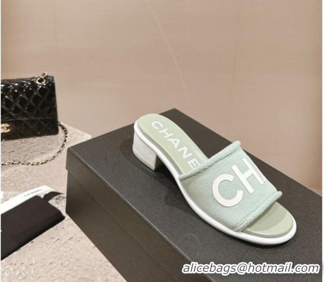 Best Grade Chanel Knit Fabric Heel Slide Sandals with Logo Green 0322149