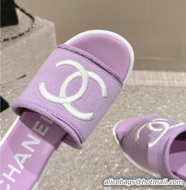 Stylish Chanel Knit Fabric Heel Slide Sandals with CC Purple 0322150