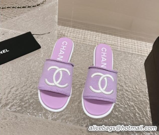 Stylish Chanel Knit Fabric Heel Slide Sandals with CC Purple 0322150