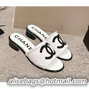 Sumptuous Chanel Knit Fabric Heel Slide Sandals with CC White/Black 322151