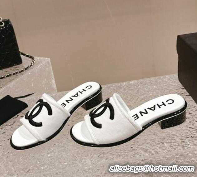 Sumptuous Chanel Knit Fabric Heel Slide Sandals with CC White/Black 322151