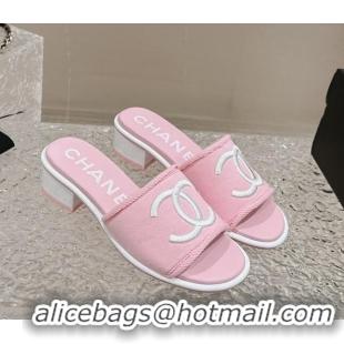 Buy Luxury Chanel Knit Fabric Heel Slide Sandals with CC Pink 322152