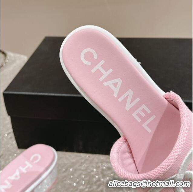 Buy Luxury Chanel Knit Fabric Heel Slide Sandals with CC Pink 322152