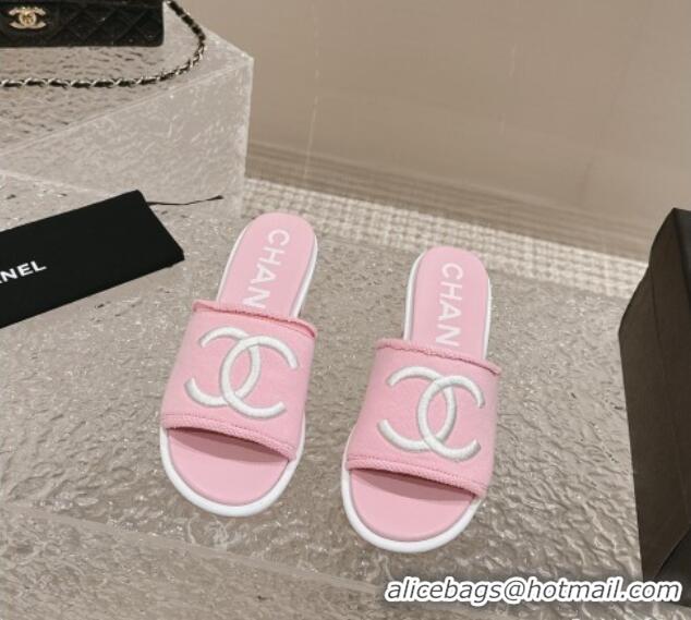 Buy Luxury Chanel Knit Fabric Heel Slide Sandals with CC Pink 322152