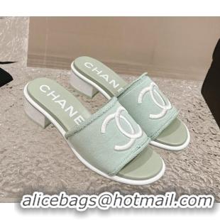 Perfect Chanel Knit Fabric Heel Slide Sandals with CC Green 322153