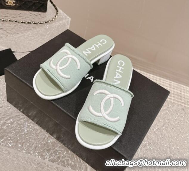 Perfect Chanel Knit Fabric Heel Slide Sandals with CC Green 322153