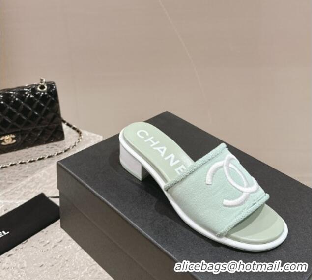 Perfect Chanel Knit Fabric Heel Slide Sandals with CC Green 322153