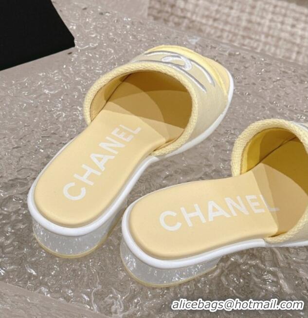 Top Grade Chanel Knit Fabric Heel Slide Sandals with CC Yellow 322154