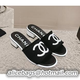 Generous Chanel Knit Fabric Heel Slide Sandals with CC Black/White 322155