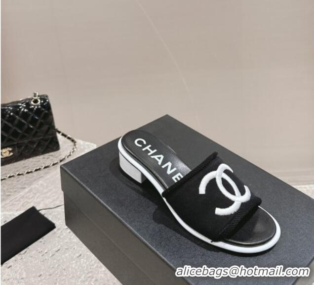 Generous Chanel Knit Fabric Heel Slide Sandals with CC Black/White 322155