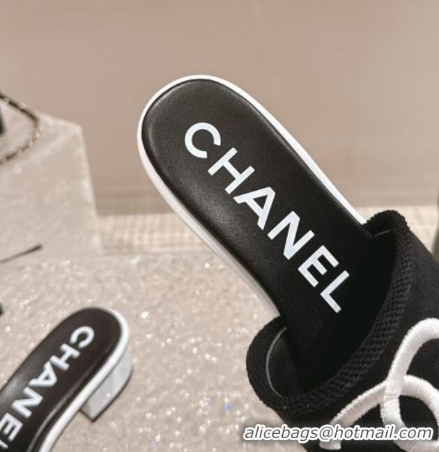 Generous Chanel Knit Fabric Heel Slide Sandals with CC Black/White 322155