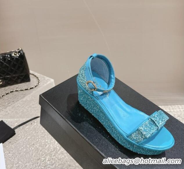 Best Price Chanel Glitters Wedge Sandals Blue 323001