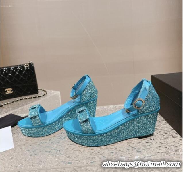 Best Price Chanel Glitters Wedge Sandals Blue 323001