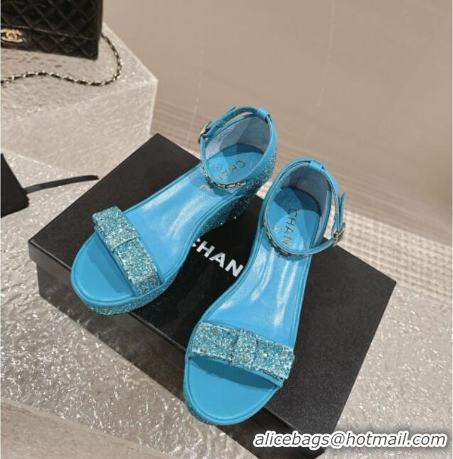 Best Price Chanel Glitters Wedge Sandals Blue 323001